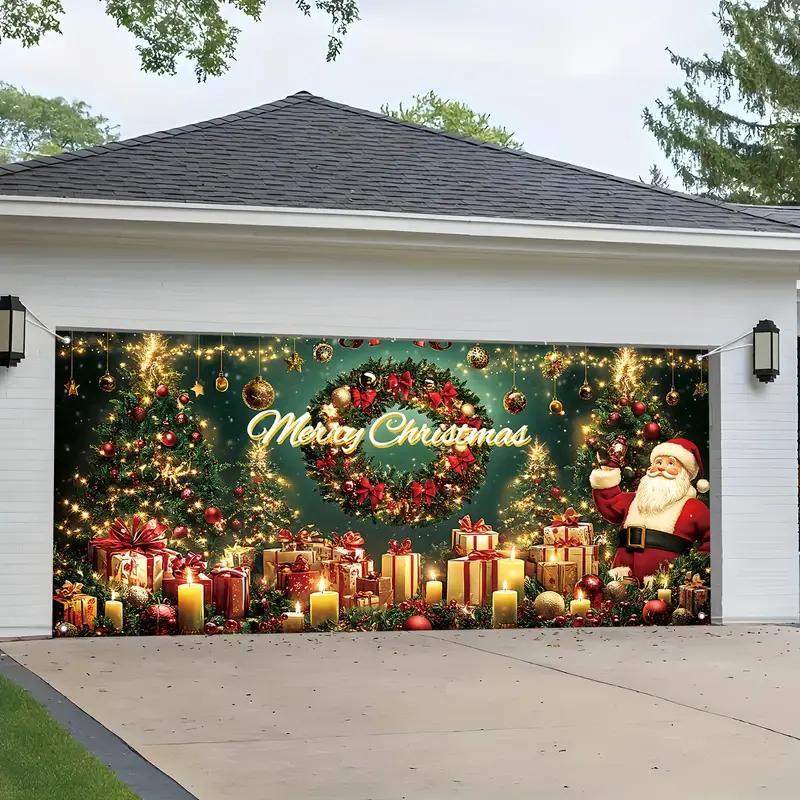 Christmas Themed Garage Door Cover, 1 Count Merry Christmas Letter & Gift Box Pattern Garage Door Banner, Outdoor Holiday Decoration for Home Garden