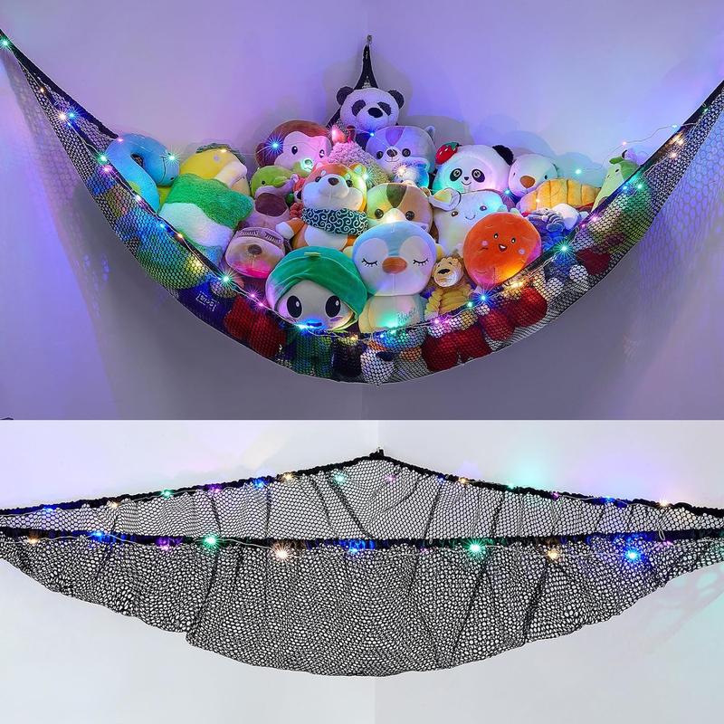 Stuffed Animals Net or Hammock Toy Storage Organizer with LED Light Unicorn Castle Hanging Corner Stuffed Animals Holder Girls Room Decor