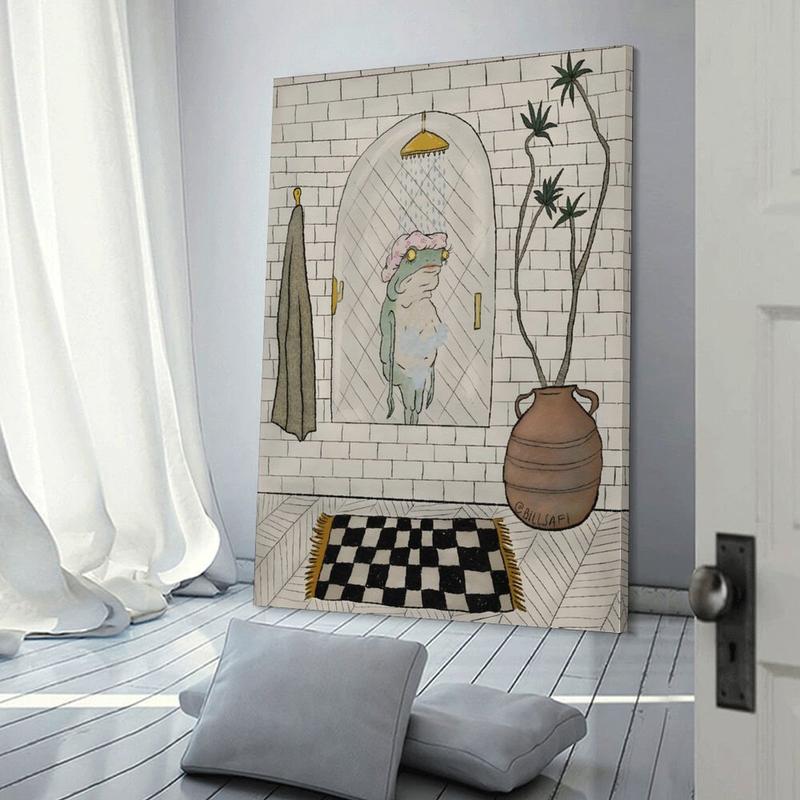 Bath Frog Canvas Printing, Bathroom Wall Art, Cartoon Frog Picture Poster Painting, Animal Wall Painting, Bathroom Frog Artwork, Living Room, Bedroom, Bathroom, Hotel Wall Decoration, Home Decoration