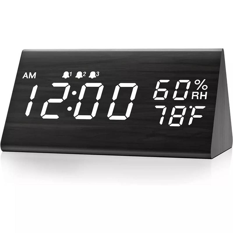 Digital Alarm Clock with Wooden LED Time Display Humidity Temperature Detect