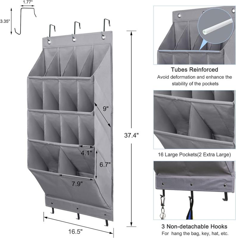 2 Pack Over the Door Shoe Organizer, Hanging Pantry Organizer, Storage Rack For Closet,12 Large Pockets and 2 Larger Storage Various Compartments with 6 Hooks, Home Accessories, Grey door shoe