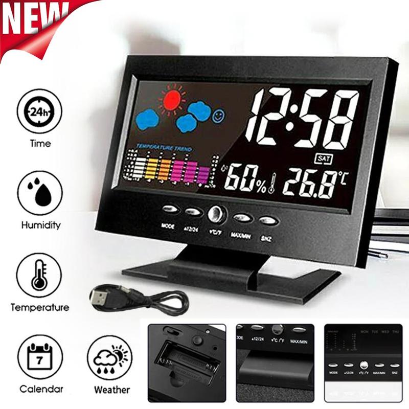 Auto Set Digital Alarm Clock | Color Display LCD Screen with Snooze Calendar Thermometer Hygrometer Weather Display | Large Digits LED, Easy to Read - Perfect for Nightstand or Desk