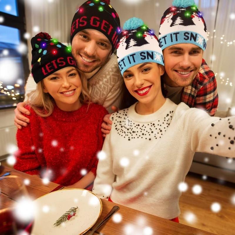 Light Up Christmas Hat, Christmas Knitted Beanie Hat, Cute Cartoon Design Xmas Knit Cap With 6 Colorful LED Lights 4pcs