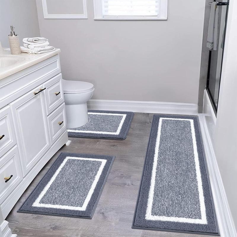 Bathroom rug Mat Set of 3, microfiber shaggy bath set, non-slip ultra soft carpet mats, absorbent with U-shaped toilet for bathroom, tub, shower, Dark Grey