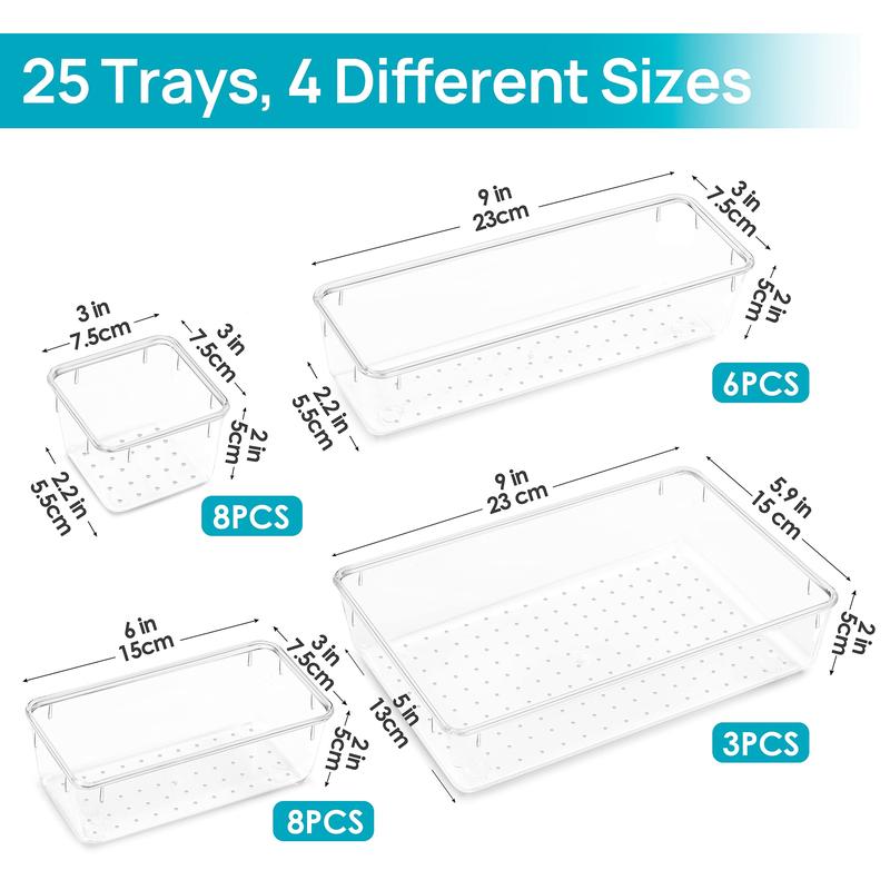 Vtopmart 25  44 60PCS Clear Plastic Drawer Organizers Set, 4-Size Versatile Bathroom and Vanity Drawer Organizer Trays,  for Makeup, Bedroom, Kitchen