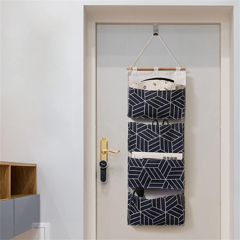 3Pcs 4 Big Pockets Over Door Hanging Storage Bags,Waterproof Linen Cotton Fabric Multi Functional Living Room Bedroom Bathroom Free 6 Hooks (3Pack)