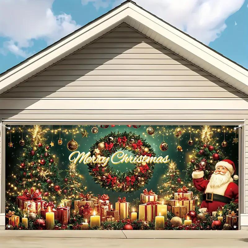 Christmas Themed Garage Door Cover, 1 Count Merry Christmas Letter & Gift Box Pattern Garage Door Banner, Outdoor Holiday Decoration for Home Garden