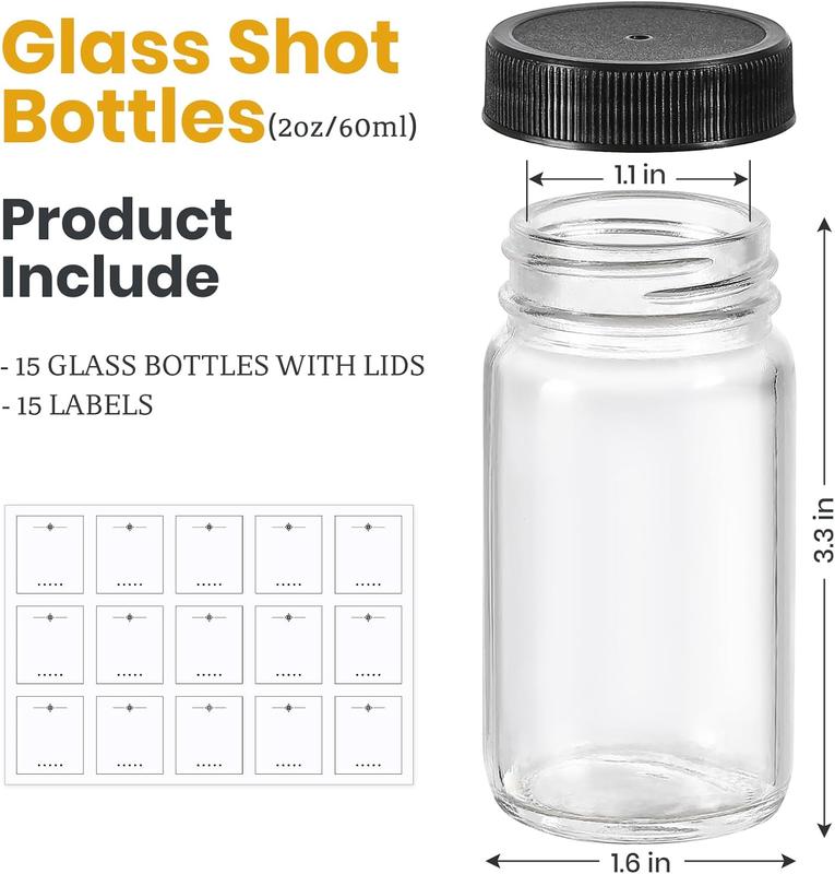 15 Pack 2 oz Glass Shot Mini Bottles w  Black Lids & 15 Labels - Small Clear Jar for Ginger, Wellness Shot, Juice, Sample, Whiskey - Travel Essentials - , Leakproof, Dishwasher Safe