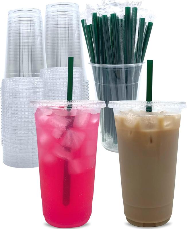 [100 Sets] 32 oz Clear Plastic Cups with Lids and STRAWS, Disposable Party Cups for To Go Iced Coffee Cold Drinks, Smoothie, Juice, Parfait, Frappuccino, Milkshake. No Leaking Fruit Cup