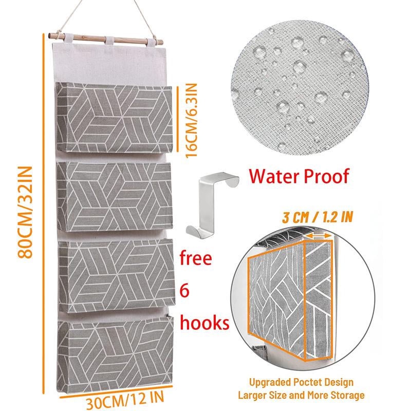 3Pcs 4 Big Pockets Over Door Hanging Storage Bags,Waterproof Linen Cotton Fabric Multi Functional Living Room Bedroom Bathroom Free 6 Hooks (3Pack)