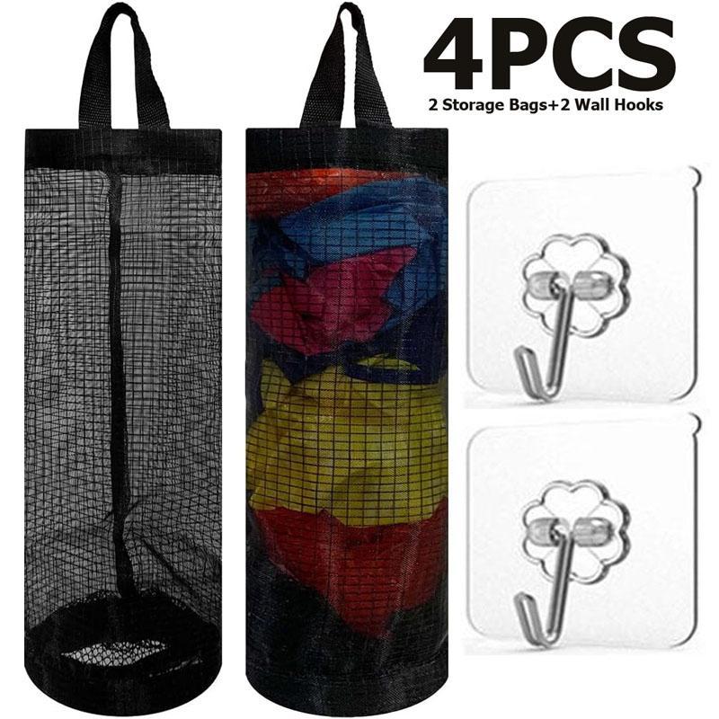 Trash Bag Holder Set, 4pcs set Including 2 Storage Bags & 2 Wall Hooks, Mesh Hanging Storage Dispenser Set