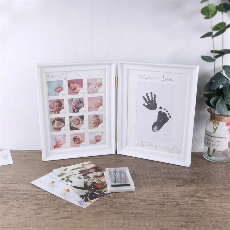 Baby Footprint Photo Frame with Ink Pad, 1 Count 12 Months Growth DIY Family Memory Photo Frame, Desktop Wall Art Home Decor