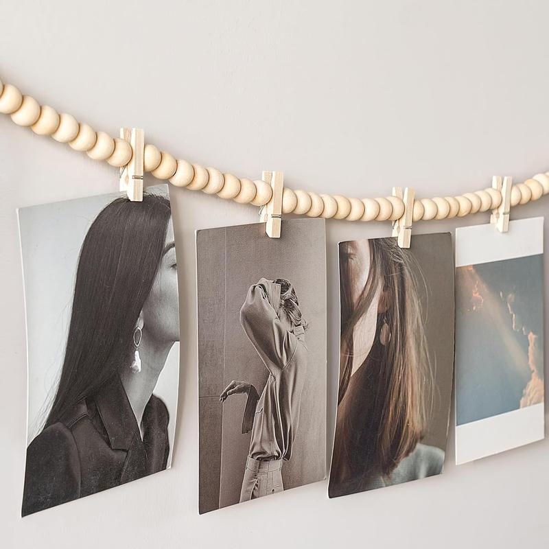 Hanging Photo Display with Clips, Boho Wooden Bead Garland Banner, Collage Card Picture  Art Holder String with 10 Clips for Bedroom Living Room Dorm Decor, Teen Girl Gifts, Brown, 1 Pack