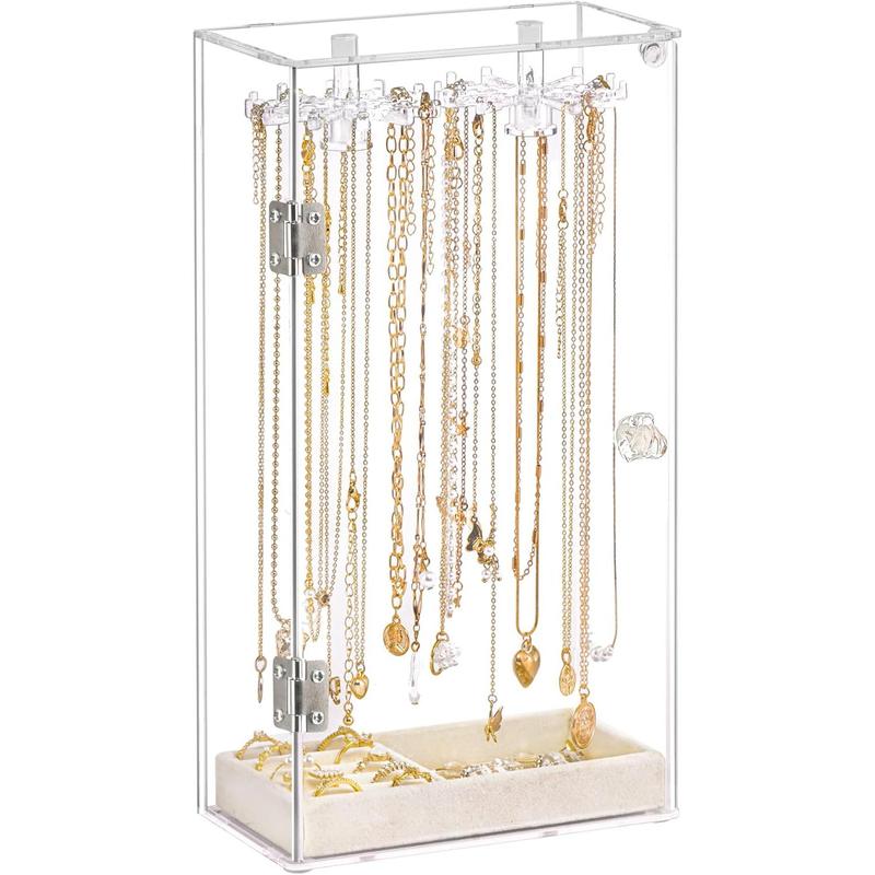 Necklace Holder,  Necklace Organizer, Rotatable Clear  Holder Organizer Display Case for Long Necklaces Pendant Bracelets,  Holder Box with  Tray for Rings Earrings