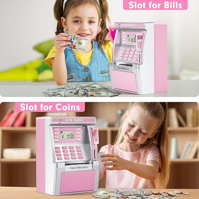 Pink Piggy Bank for Kids, ATM Machine Bank for Real Money with Debit Card, Bill Feeder, Coin Recognition, Balance Calculator, Electronic Savings Safe Box, Gifts for Teen Boy Girl