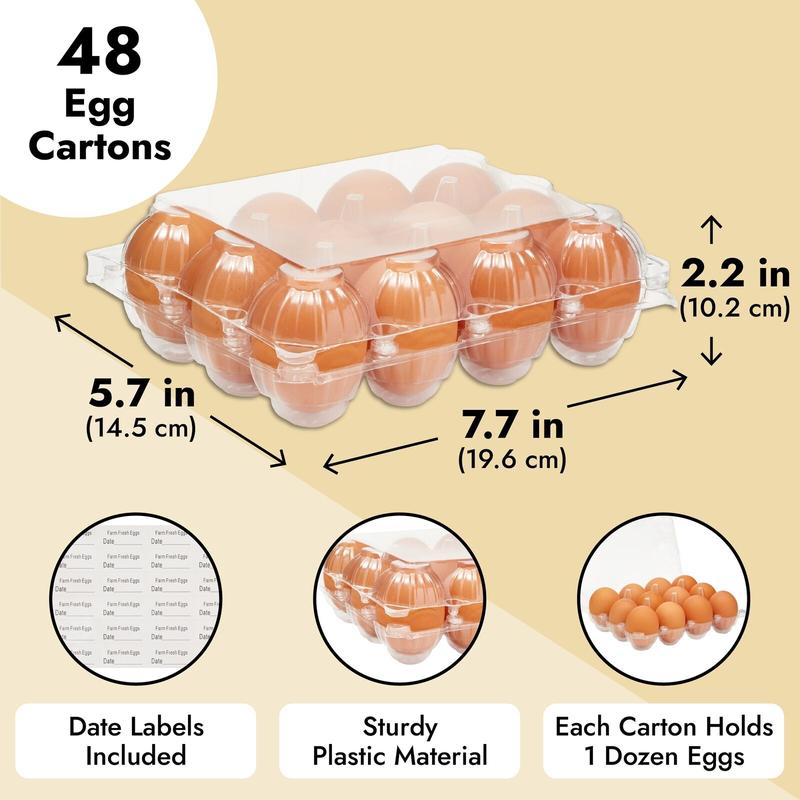 48x Egg Cartons for 1 Dozen Chicken Eggs, Clear Reusable Containers with Labels