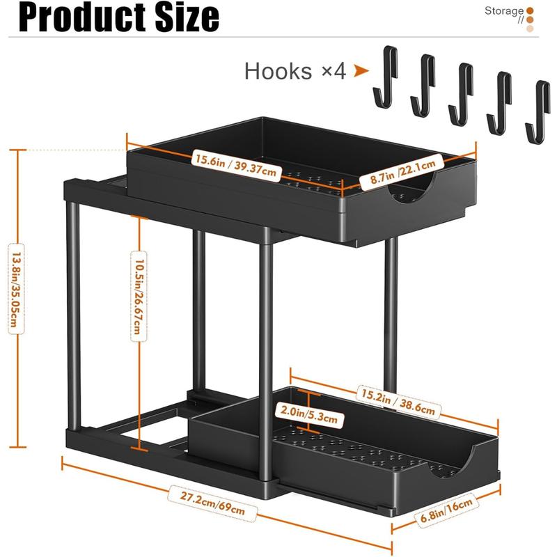 2 Pack Double Sliding Under the Sink Cabinet Drawer Organizer and Storage for Kitchen, Bathroom, Office