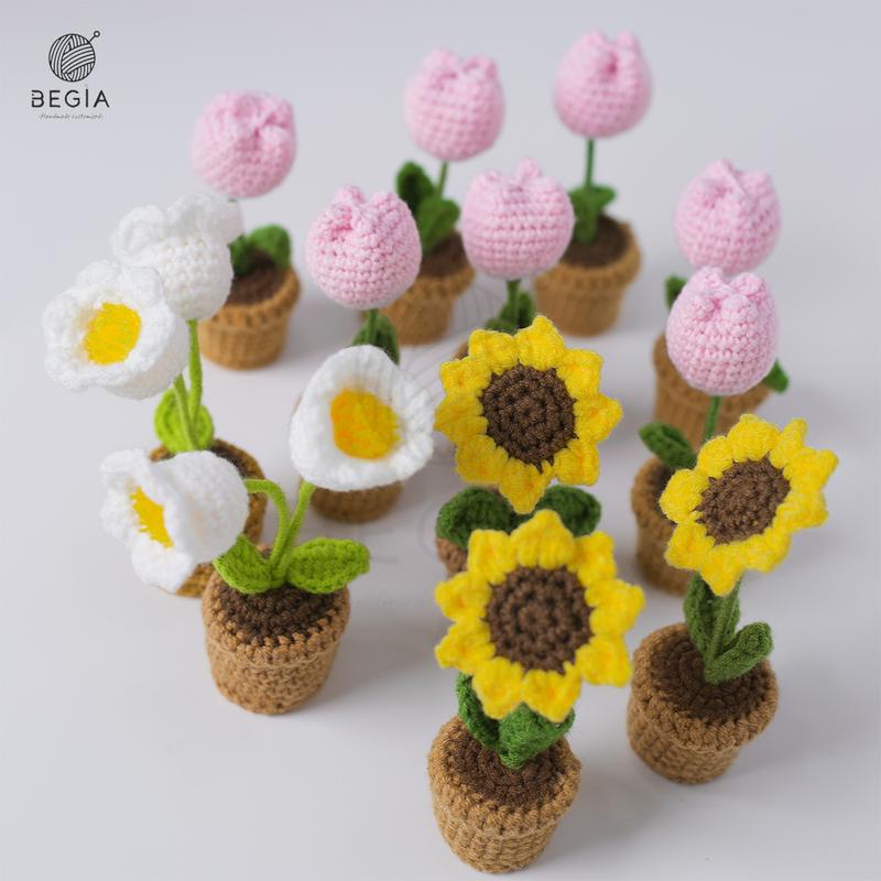 Handmade Crochet Sunflower & Tulip Bouquet – Flowerpots for christmas 2024 ornament Graduation，Black Friday Gifts Fruit Plants Decoration Floral