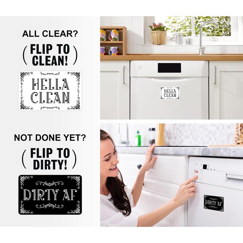 Funny Clean Dirty Dishwasher , Refrigerator Washing Machine  Double Sided Kitchen Reversible Dish Washer Sign, Apartment Kitchen Accessories Decor  (Black White Wreath)