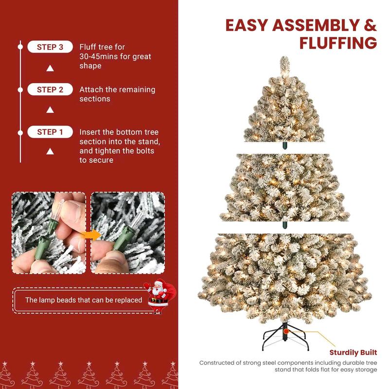 7.5ft Prelit Snow Flocked Artificial Holiday Christmas Tree w  Remote (), 470 Pre-Lit Multi-Color RGB Lights, Full Snow Branch Tips for Xmas Holiday Decoration