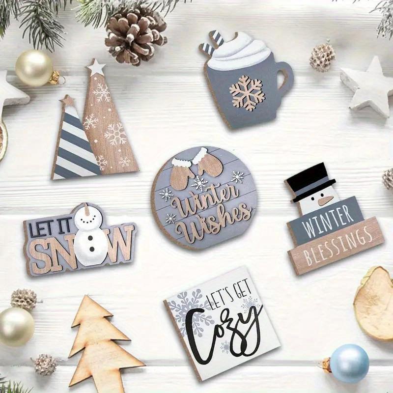 Wooden Christmas Themed Desktop Decoration, 6 Counts set Christmas Theme Ornament for Home Office Parties without Tray