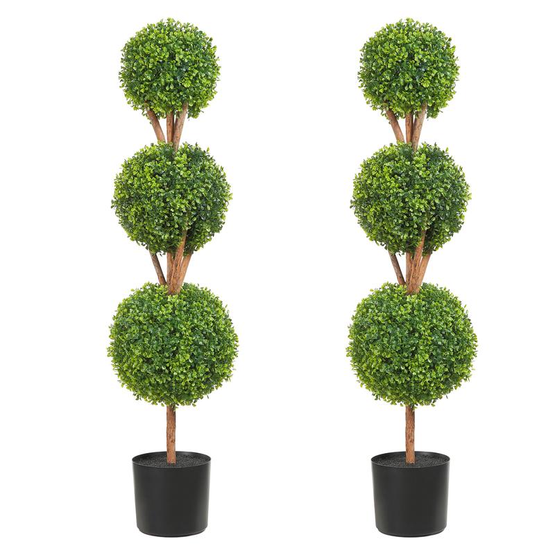 VEVOR Artificial Topiaries Boxwood Trees, 48 inch Tall (2 Pieces), 3 Ball-Shape Faux Topiaries Plant with Planters, Green Feaux Plant w  Replaceable Leaves & Port for Decorative Indoor Outdoor Garden Fruit Traditional