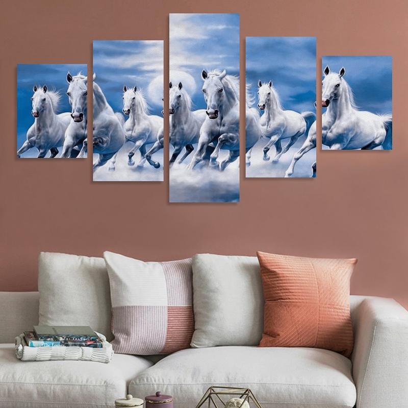 5 Pieces Wall Art Horse Pictures Wall Decor 5-piece  Seven Lucky Running Wild Horses Horse Wall  Canvas  Bedroom Decor Sports Landscape Office Room Decor Gift