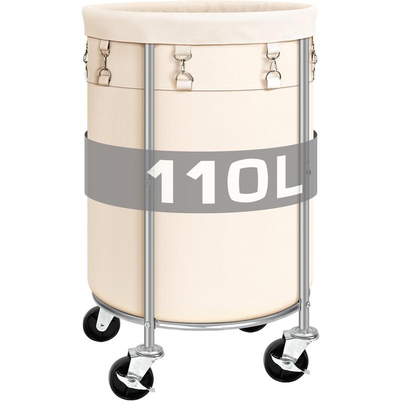 Laundry Hamper with Wheels, Rolling Laundry Basket, Round Laundry Sorter Cart with Steel Frame and Removable Bag, 4 Casters and 2 Brakes, Ideal for Bedroom, Bathroom, Laundry Room, Beige