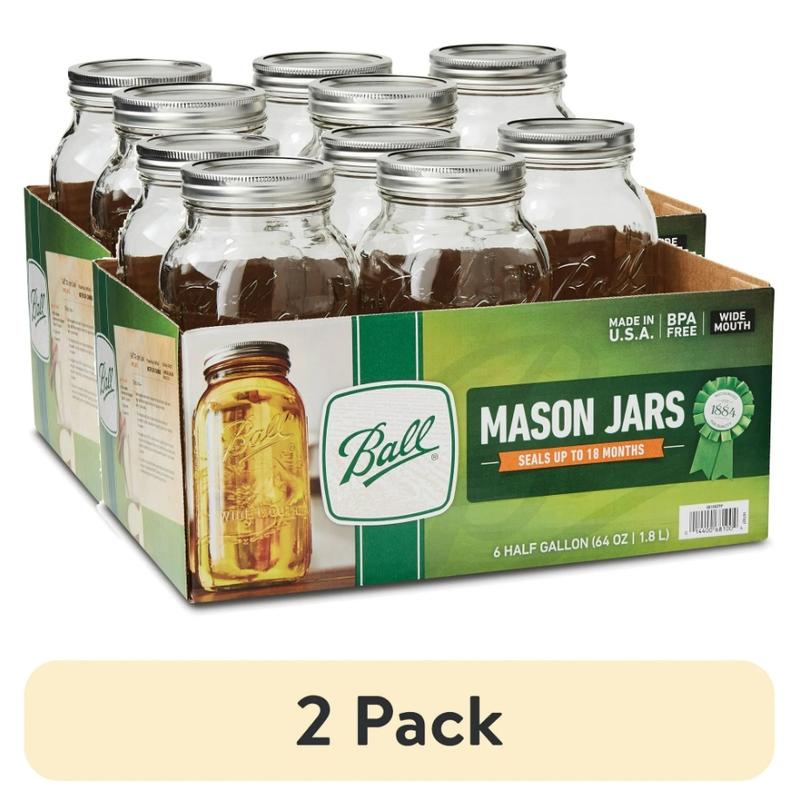 (2 pack) Glass Mason Jar W Lid & Band, Wide Mouth, 64 Ounces, 6 Count Bottles Tin