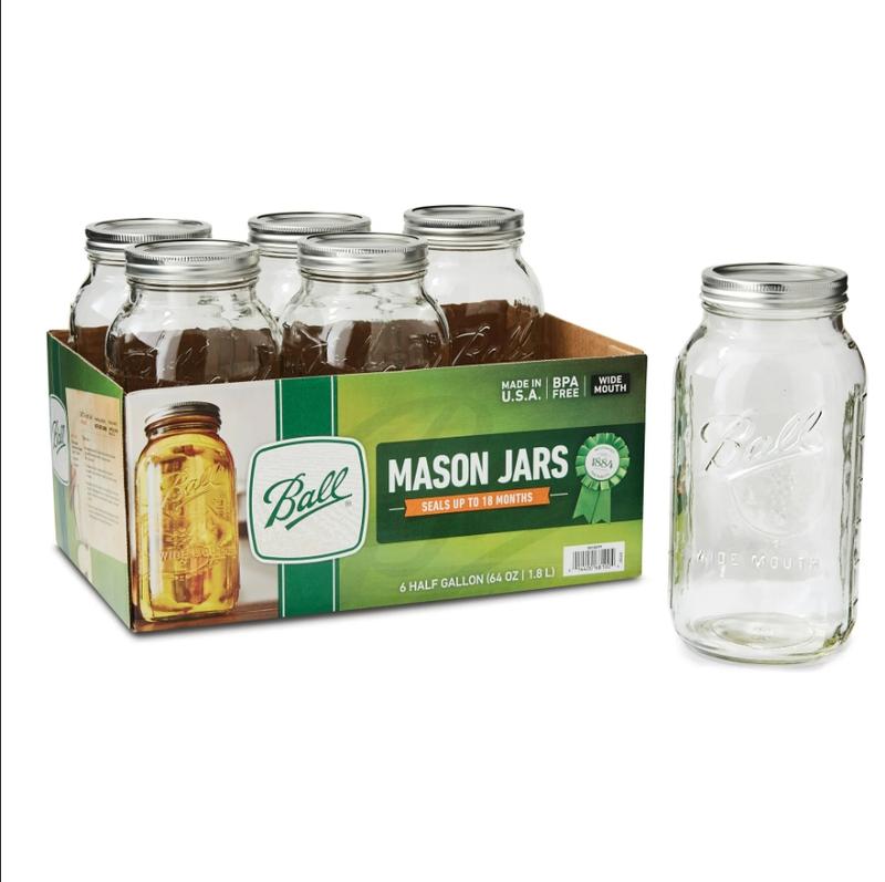 (2 pack) Glass Mason Jar W Lid & Band, Wide Mouth, 64 Ounces, 6 Count Bottles Tin