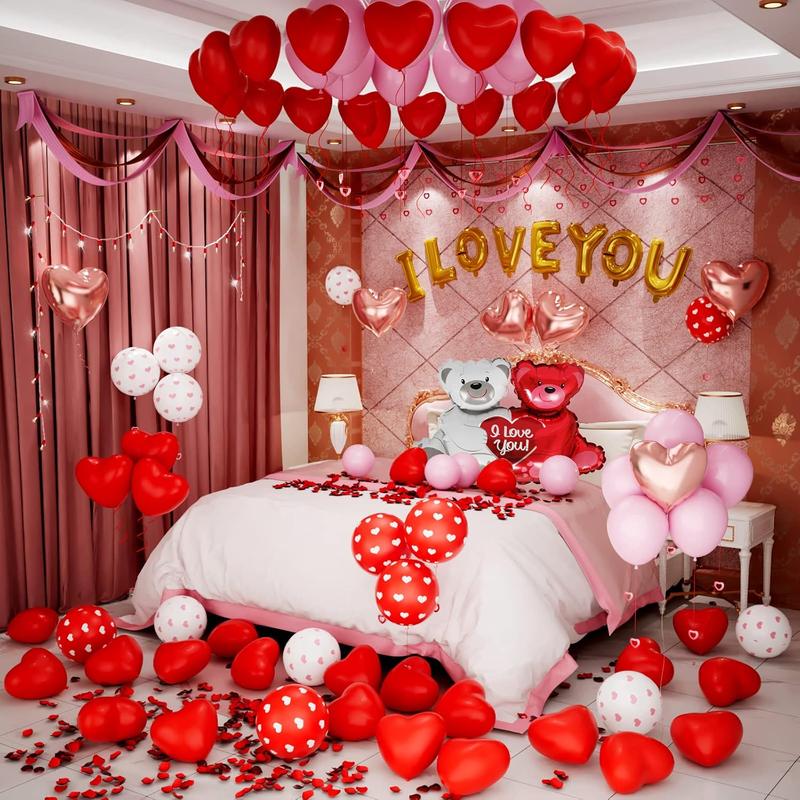 Valentines Balloons Kit with I Love You Balloons Heart Balloon Bear Balloon Pink Balloons 1000 count Rose Petals for Valentines Decorations Anniversary Proposal Romantic Decorations Special Night