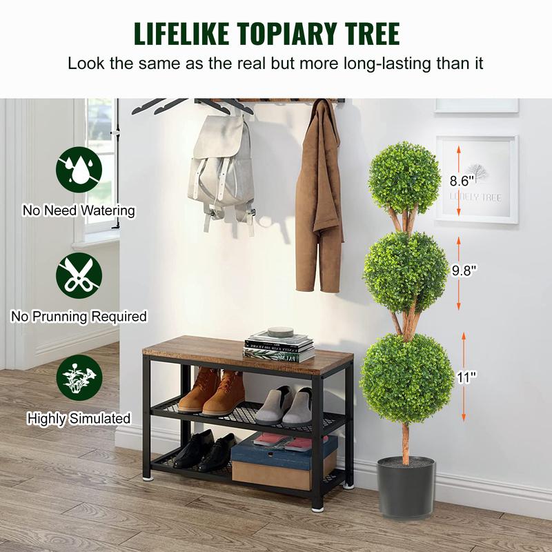 VEVOR Artificial Topiaries Boxwood Trees, 48 inch Tall (2 Pieces), 3 Ball-Shape Faux Topiaries Plant with Planters, Green Feaux Plant w  Replaceable Leaves & Port for Decorative Indoor Outdoor Garden Fruit Traditional