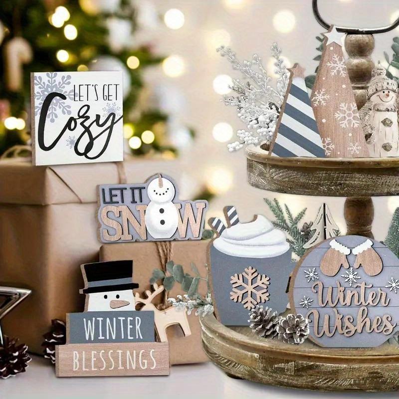 Wooden Christmas Themed Desktop Decoration, 6 Counts set Christmas Theme Ornament for Home Office Parties without Tray