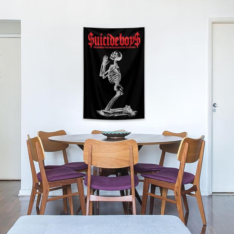 Suicide Funny Boys Band Tapestry with Skull Design Black and Red Backdrop  Hanging Wall Tapestry Poster Signs Decor for Bedroom College Livng Room Dorm Parties Decor