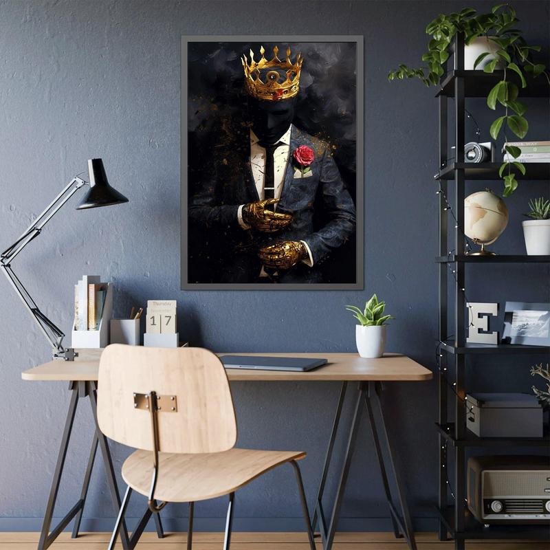 King with Crown and Rose Art Deco Canvas Print, Modern Entrepreneur Wall Decor, Ink Artwork Poster for Living Room, Bedroom, Home Office, Frameless Portrait Wall Hanging Decor – Ideal for Spring and Summer Ornaments Decoration Artistic Photo