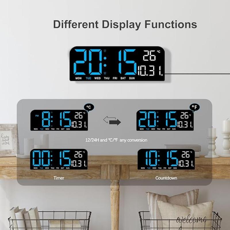 LED Digital Wall Clock Decorative,  Large Display with Temperature Countdown Auto Dimmer  - 12 24H, Digital Alarm Clocks for Bedrooms, Modern Wall Clock Digital Mount