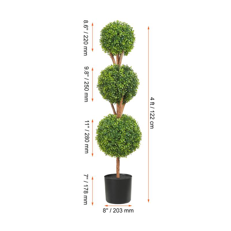 VEVOR Artificial Topiaries Boxwood Trees, 48 inch Tall (2 Pieces), 3 Ball-Shape Faux Topiaries Plant with Planters, Green Feaux Plant w  Replaceable Leaves & Port for Decorative Indoor Outdoor Garden Fruit Traditional