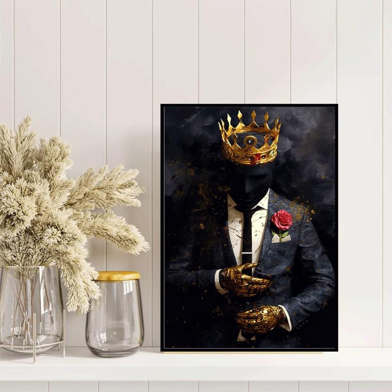 King with Crown and Rose Art Deco Canvas Print, Modern Entrepreneur Wall Decor, Ink Artwork Poster for Living Room, Bedroom, Home Office, Frameless Portrait Wall Hanging Decor – Ideal for Spring and Summer Ornaments Decoration Artistic Photo